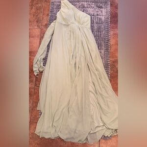 Chic One Shoulder light Sage Green Dress with Corset Back and wrap waist tie.